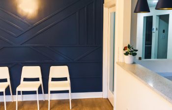 A waiting area with three white chairs against a dark blue geometric wall, a countertop with a potted plant, and a hallway with white walls and doors.